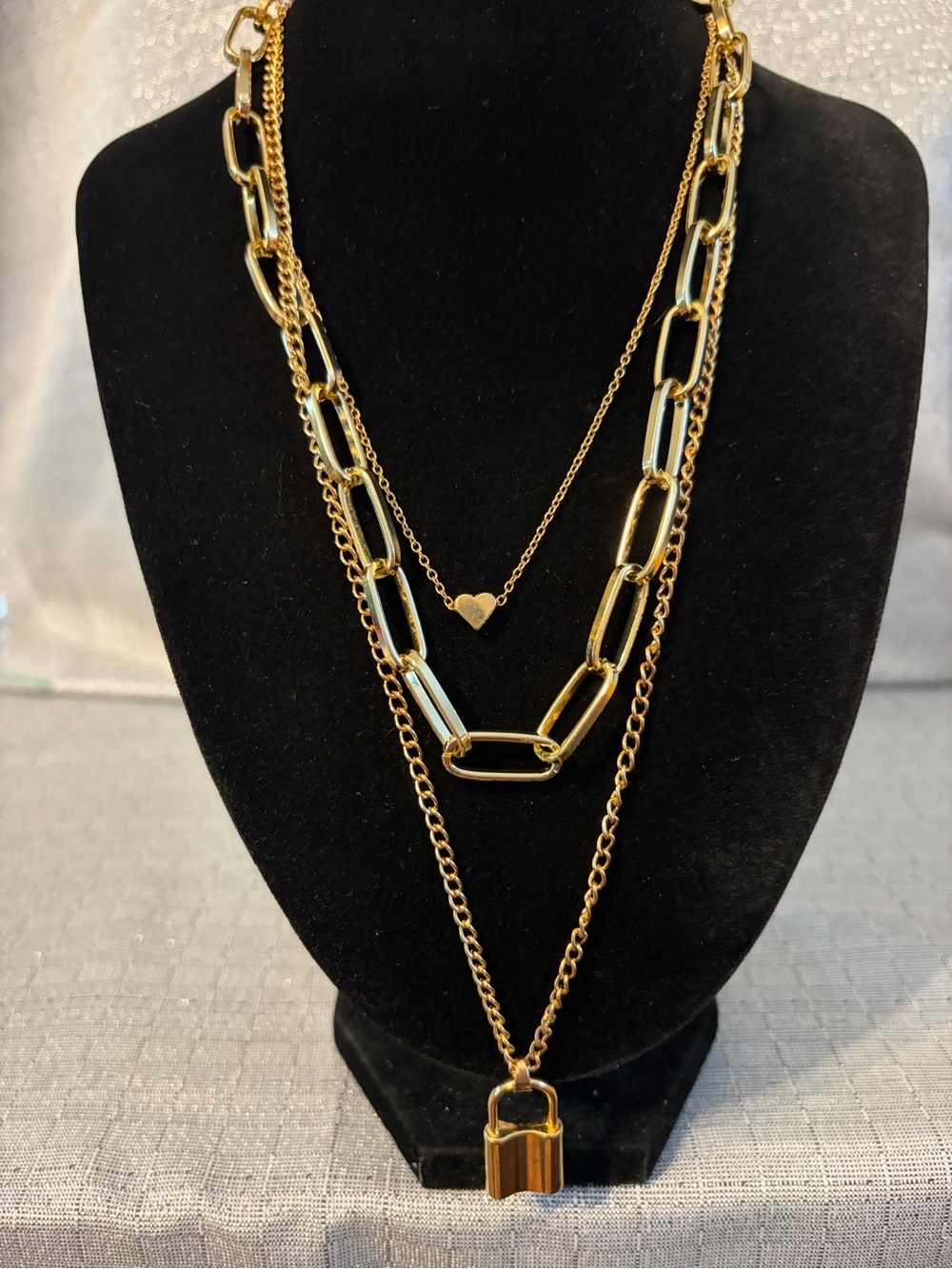 Layered Gold Tone Heart and Padlock Necklace Set - Women Jewelry